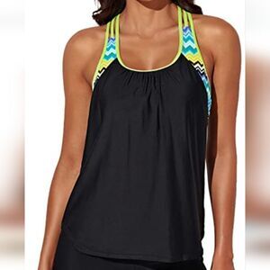 Amazon Aleumdr black Chevron stripe sporty blouson tankini swim top M